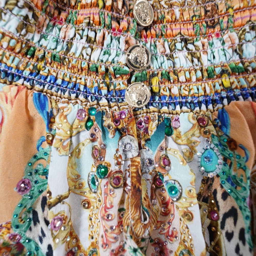 Camilla Silk Off Shoulder Embellished Mini Dress Animal Tropical Sz M Resort - Picture 14 of 16